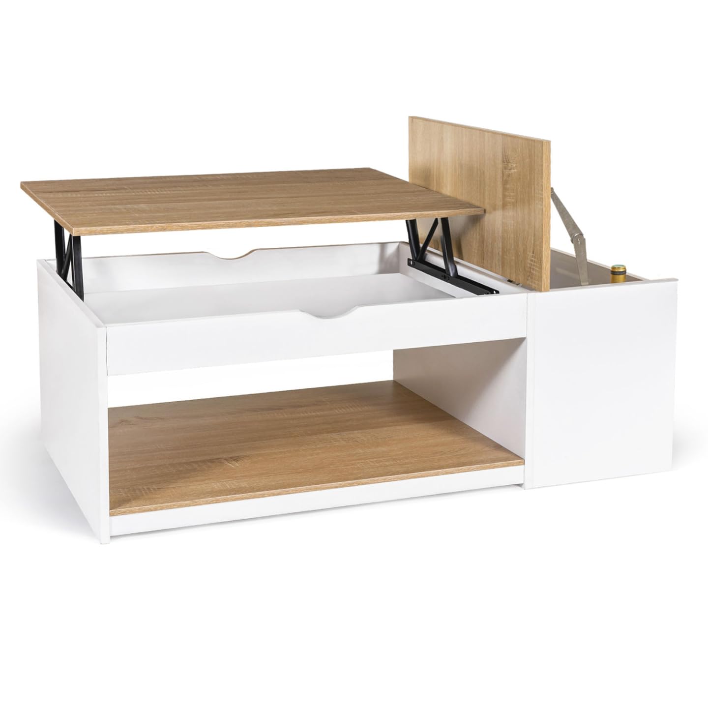 IDMarket - Table Basse Plateau relevable rectangulaire ELEA avec Coffre Bois Blanc et façon hêtre