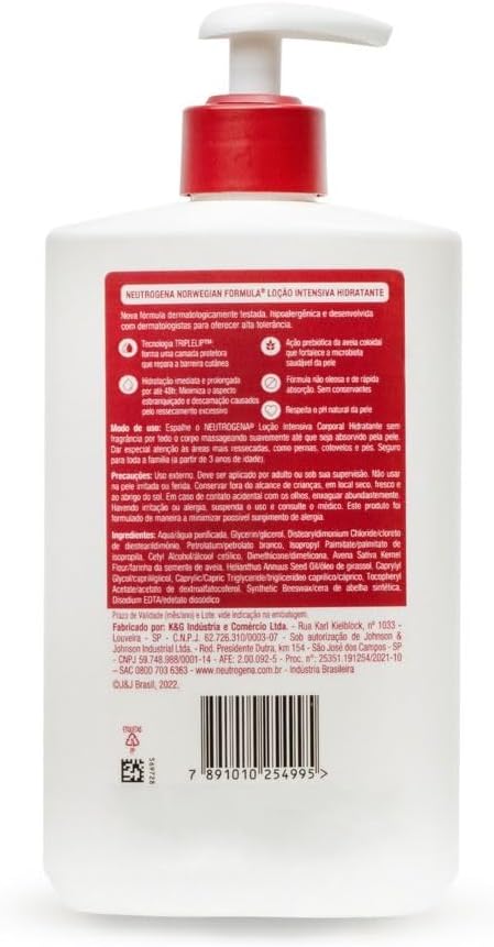 Parte traseira do frasco do hidratante Neutrogena Norwegian 400ml detalhando as instruções de uso, ingredientes e código de barras.