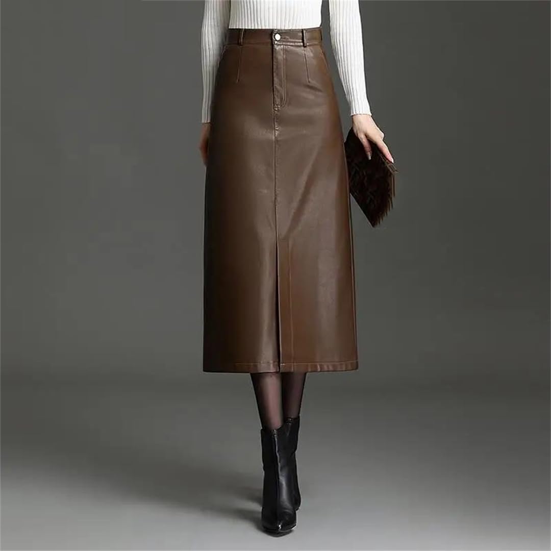 Vogrtcc Gonne in pelle PU da donna con spacco frontale a vita alta gonna lunga dritta in PU