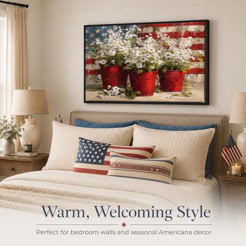 Image of American Flag Framed Canvas Wall Art, 4th of July Floral Canvas Prints, Wildflower Landscape Patriotic Decorations, Vintage Rustic Independence Day Wall Decor for Bedroom Living Room Office 20x24