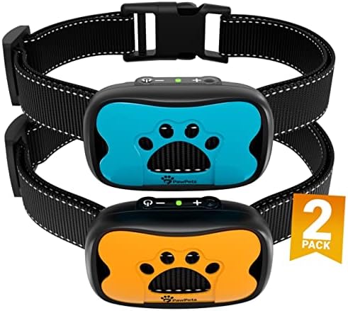 PawPets Anti Bark Collar - No Shock Training Dog Collar - Humane with Vibration and Sound Barking Collar for Small Medium Large Dogs 5-100lbs - 2 Pack Blue Orange (Battery)