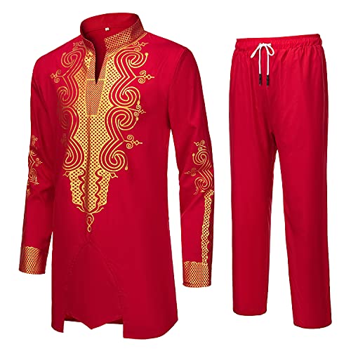 YND Men’s 2 Piece Dashiki Set African Outfit and Pants, Shirt with Gold Print2