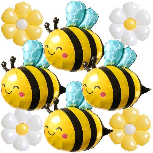 8 Pcs Bee and Daisy Balloons Set - 4 Bumble Bee & 4 Flower Mylar Foil Balloons (Yellow White) - Mommy to Bee Baby Shower First Bee-Day Two Groovy Birthday Party Decorations Garden Theme