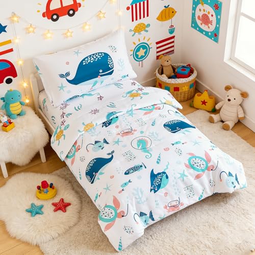 Image of PERFEMET 4 Pcs Toddler Bedding Set Ocean Themed Toddler Comforter for Girl Soft Reversible Under Sea Animals White Toddler Bed in A Bag for Boys Girls(White, Whales)