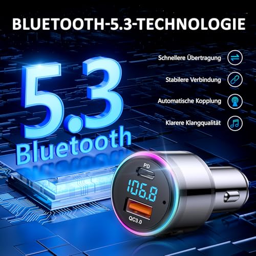 LENCENT 48W FM Transmitter Auto Bluetooth 5.3, Ganzmetall PD 30W & QC3.0 18W Schnelle Autoladegerät...