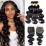 Human Hair Body Wave Bundles with Closure (20/22/24+18 inch) 100% Unprocessed 10A Brazilian Virgin Hair 3 Bundles with Lace Closure 4×4 Free Part Natural Color