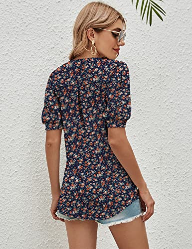Romanstii Women's Short Sleeve V-Neck T-Shirts Loose Casual Puffy Blouse Floral Tee,Navy/Floral,S #TOP3
