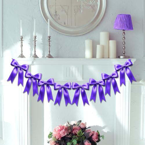 Image of 1 String of 8PCS Purple Bow Garland Banner Decoration,Pre-Strung Satin Ribbon Ornaments for Birthday,Bachelorette Party,Bridal Shower,Wedding,Engagement,Baby Shower,Graduation Decor,Anniversary