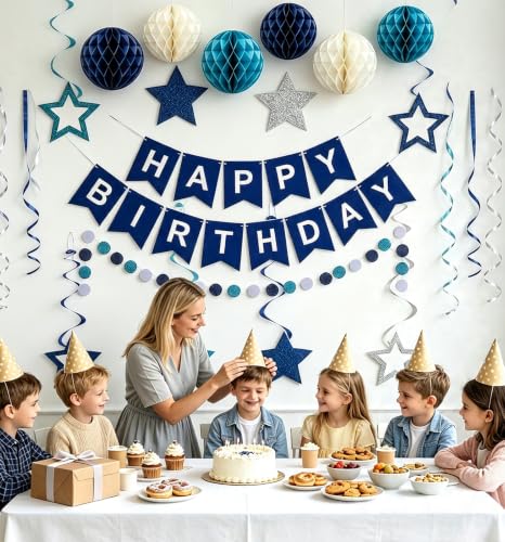 Image of Blue Birthday Decorations for Men | Pre-Strung Happy Birthday Banner with Honeycomb Balls, Circle Dots & Streamers Kit