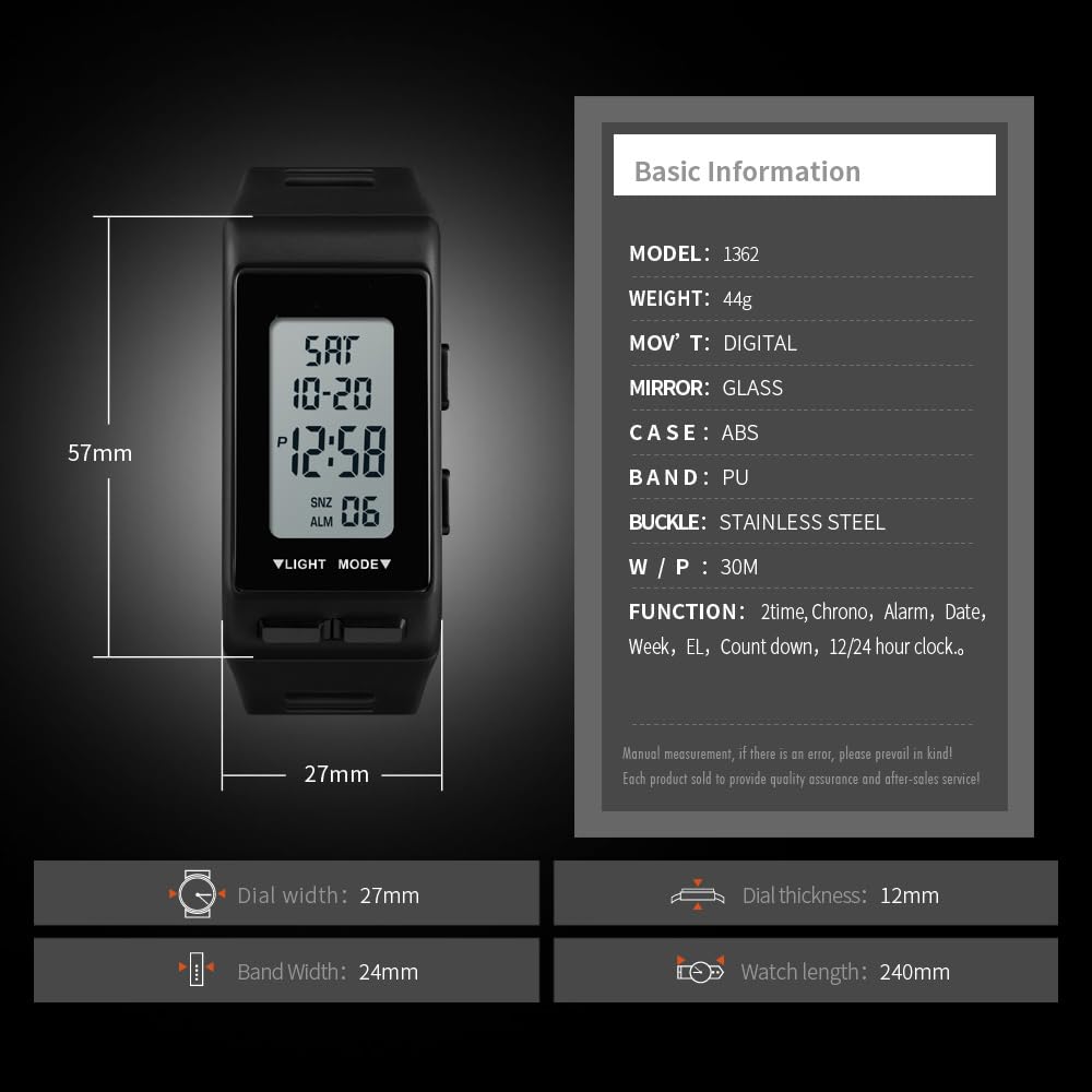 Reloj de pulsera para hombre, digital, deportivo, rectangular, impermeable, pantalla LED, esfera grande, militar, luminoso, cronómetro, alarma, militar, reloj de exterior
