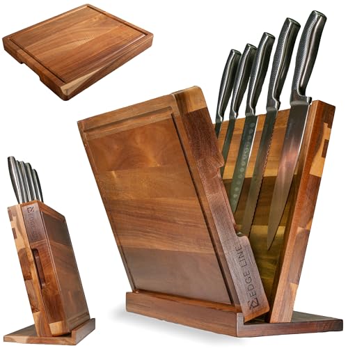 Comparison: Best Cutting Board For Shun Knives 10 EDGE LINE Magnetic Knife Block Holder With Large 14 x 12 Inch Cutting Board, Premium Acacia Hard Wood Magnetic Knife Holder Rack for Kitchen Counter, 1.5 Inch Thick Butcher Block Cutting Board