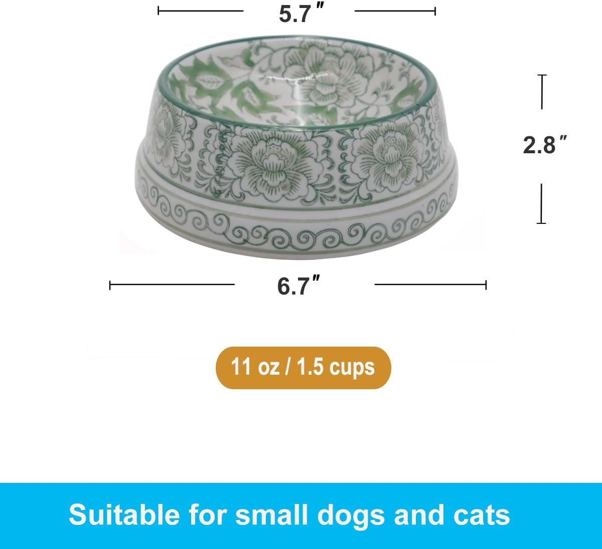 Aimusego Ceramic Cute Dog Cat Bowl for Small Breeds, Handpainted Green & White Heavyweight Durable Pet Food and Water Dish Crock, Dishwasher Safe- 1.5 Cups
