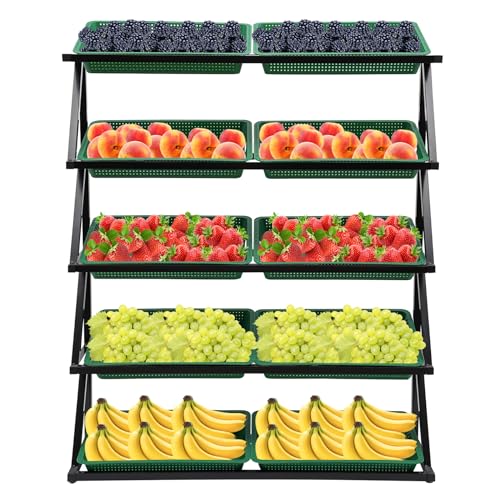 5 Tiers Fruit Vegetable Basket Stand with 10 Baskets, 26 x 49 x 59 inch Retail Market Display Rack, Metal Fruit Vegetable Snack Basket Set Shelf for Retail Stores (Green)