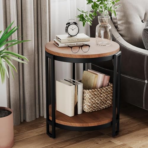 Image of Hamdan Round Coffee Table,Rustic Wood with Storage Shelf, Modern Farmhouse Circle Coffee Table Tray Table with Sturdy Metal Legs Home Furniture (Black Brown)