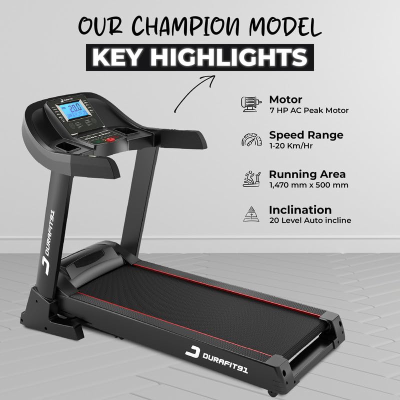Image of Champion 7HP Peak AC Motorized Treadmill | Max User Weight 150 Kg | 20 Level Auto Incline | Max Speed 20 Km /Hr | Home use