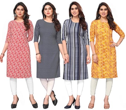 Image of JAKHANA Women's Crepe Printed Casual Straight Calf Length Round Nick Kurta Pack of 4