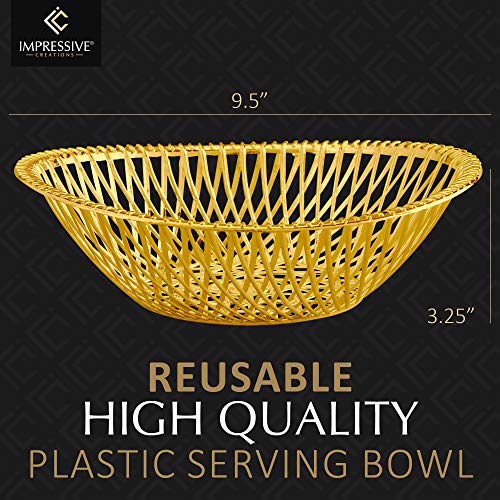 Medium Plastic Gold Bread Baskets - 5 Pack High Quality Reusable 10” Oval Food Storage Basket - Elegant Modern Décor For Kitchen, Restaurant, Centerpiece Display - By Impressive Creations #TOP1