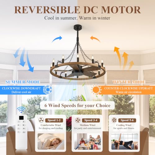 Image of Oak Wooden Wagon Wheel Chandelier Fans 12-Light 36 inch Fandelier