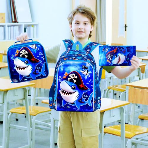 Image of 3Pcs Shark Backpack for Boys, 16 inch Kids Bookbag Set for Elementary Preschool Kindergarten, School Backpacks with Lunch Box(Blue)