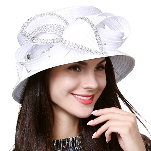 Hisshe Women Kentucky Derby Dress Church Wedding Party Feather Bucket Hat S608-A, Rhinestone-White, Medium #TOP13