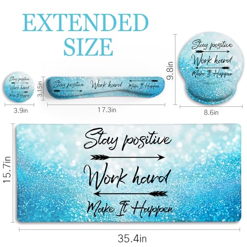 Image of LIMKRIAN Desk Mat Pad Set, Large Mouse Pad with Wrist Rest, Stay Positive | Ergonomic Mouse Pad, Gaming Computer Keyboard Mat Wrist Support, Coaster, Home Office Desk Accessories Decor Supplies