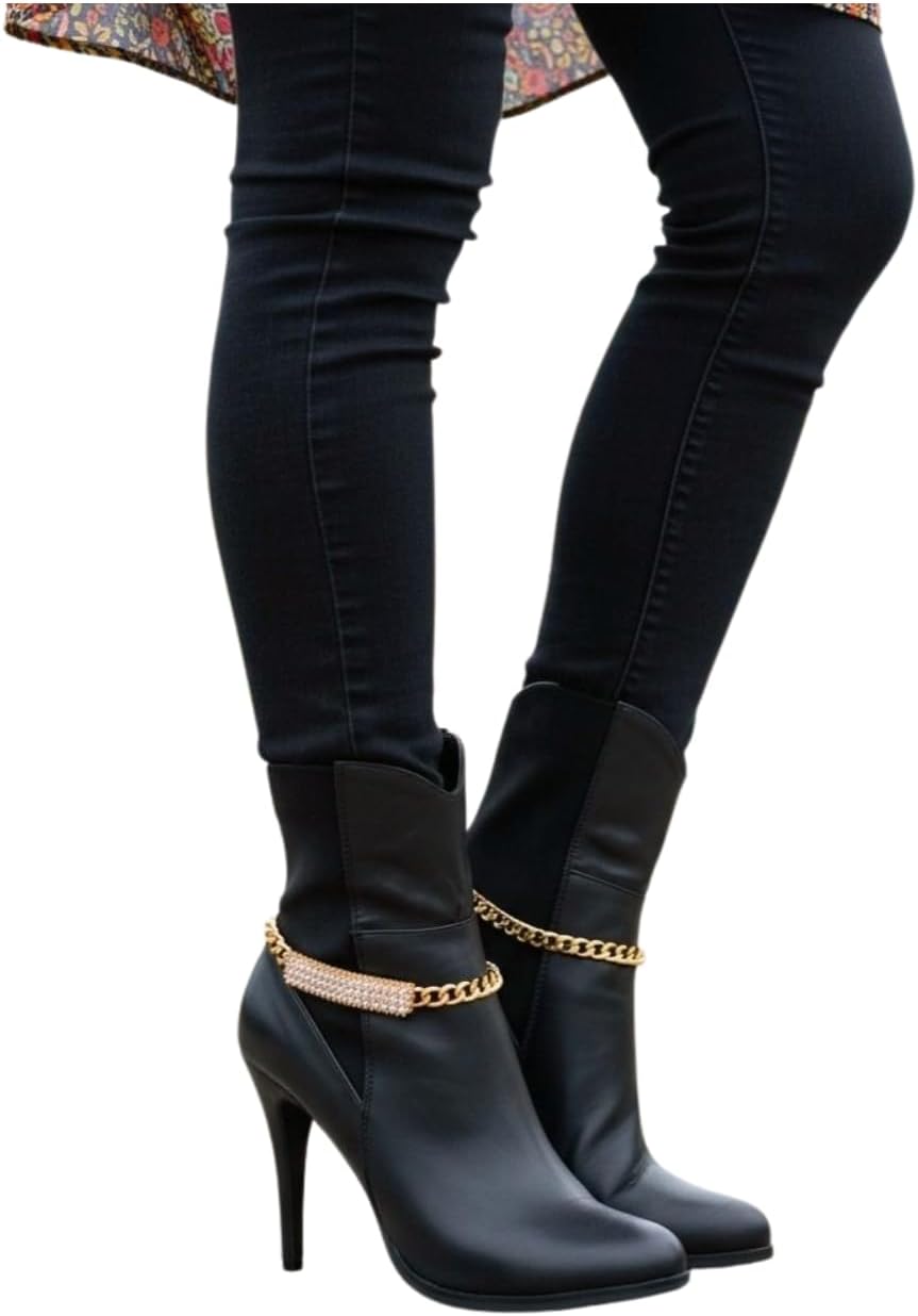 TrendyFashionJewelry Women Western Boot Chain Bling Bracelet Gold Metal Fancy Bling Long Plate Jewelry Shoe Charm SET BC200