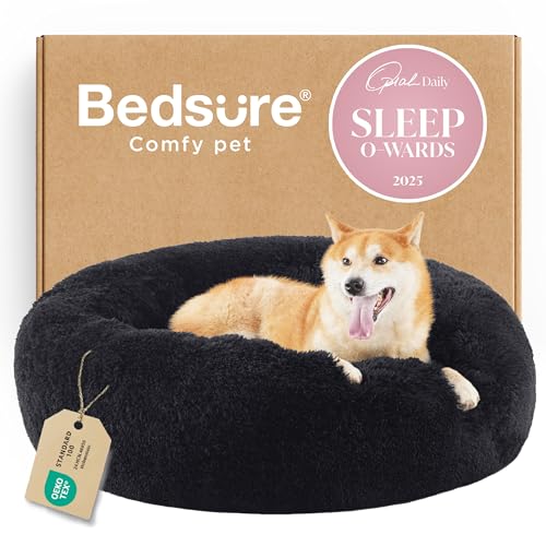 Image of Bedsure Calming Dog Bed for Medium Dogs - Donut Washable Medium Pet Bed, 30 inches Anti-Slip Round Fluffy Plush Faux Fur Cat Bed, Fits up to 45 lbs Pets, Black