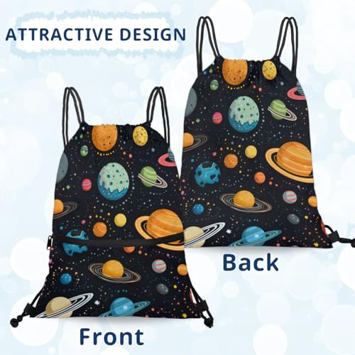 Colorful Planet Pattern Polyester Drawstring Bag with Zipper Pocket, 18x14 Inch Water-Resistant Gym Sack String Backpack for Sports, Travel, Camping4