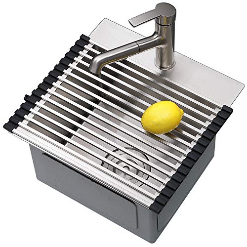 Valisy 15 X 15 Inch Sus304 Stainless Steel Square Topmount Drop-In Small Kitchen Bar Sink，Single Basin Sink For Wet Bar Prep Rv Yard Office Laundry Utility With Dish Grid & Drain & Roll-Up Dishrack #TOP3