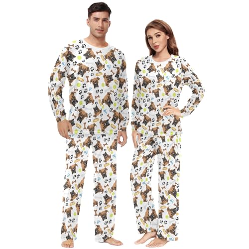 Unisex Pajama Set Long Sleeve Sleepwear Soft 2 Piece Loungewear Boxer Dog Pj Sets for Women & Men