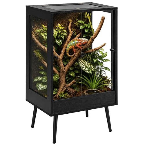 PROLEE 24 x 18 x 36 Tall Reptile Terrarium with Leg Stand 65 Gallon Vertical Glass Chameleon Cage with Front Opening Doors Ventilated Mesh Top Rainforest Habitat for Arboreal Reptiles Black