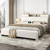King Size Bed Frame and Headboard & Storage Ottoman, PU Leather Upholstered Platform Bed Frame King Size with Charging Station, Diamond Tufted Design, No Box Spring Needed, All Metal Structure, White
