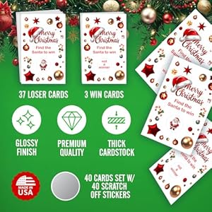 Merry Christmas Party Game Scratch Off, Find The Santa Easy to Play Silly Games, Fun Idea, Ice Breaker Activity. Raffle Cards, Set of 40 Cards Made in USA Merry Christmas Party Game Scratch Off Find The Santa Easy to Play Silly Games Fun Idea Ice Breaker Activity Raffle Cards Set of 40 Cards Made in USA