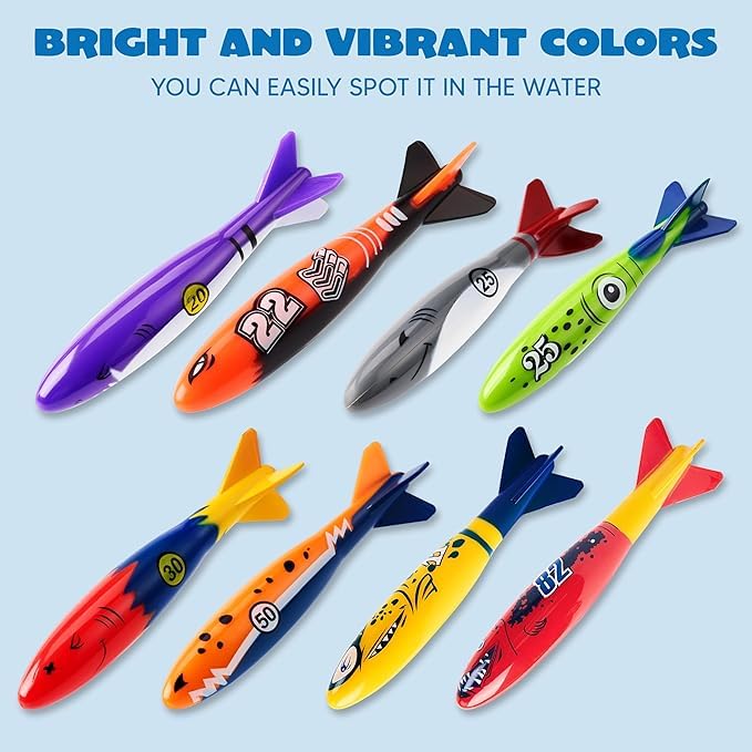 JOYIN 8 Stück Torpedo, Hai, Tauchspielzeug für Kinder, Wasserspielzeuge Außen, buntes Schwimmspielzeug, sinkendes Werfen, Torpedo für Kinder, Geschenk, Sommer, Schwimmen, Tauchen, Training