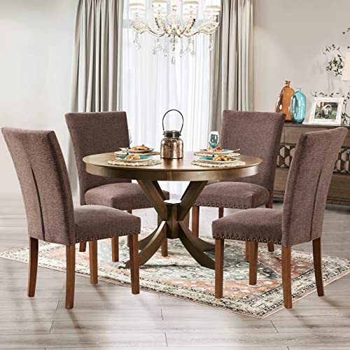 Image of Parsons Dining Chairs Set of 2, Upholstered Nailhead Dining Room Kitchen Side Chair with Thick Cushions and Wood Legs, Brown