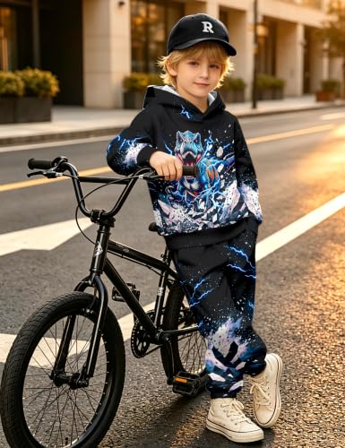 Image of Boys Clothes, T-Rex Print Dinosaur Boy Clothes Fall Winter Outfits Long-sleeved Hooded Sweatshirt Pants 2Pcs Set