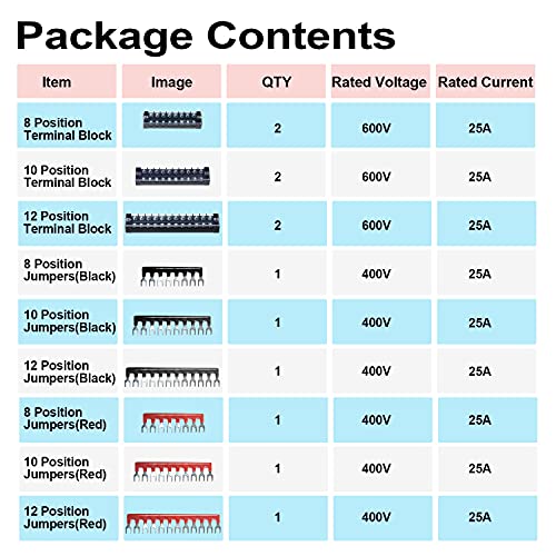 Image of Terminal Block and Strip - 6 Sets 8 /10 /12 Positions 600V 25A Dual Row Wire Screw Terminal Strip Block with Cover + 400V 25A Pre-Insulated Terminals Barrier Strips Jumpers (Black & Red)