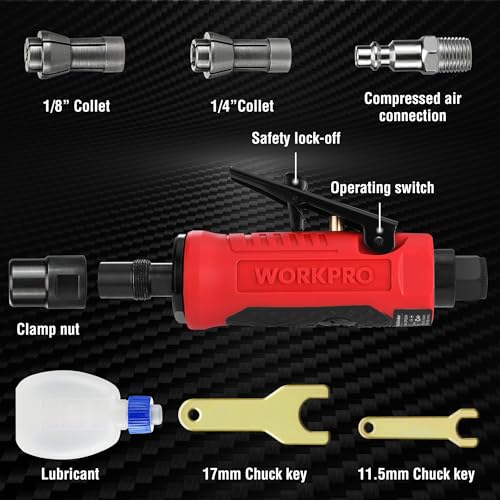 WORKPRO 1/4-Inch Pneumatic Straight Die Grinder, 25000RPM, Air-Powered Die Grinder for Grinding, Cutting, Polishing, Welding Repair, Deburring, 1/4" & 1/8" Collets Included by WORKPRO - Image 2