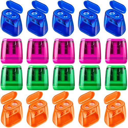 20 Pieces Manual Pencil Sharpeners Colorful Dual Holes Plastic Sharpener Compact Portable Handheld Pencil Sharpeners with Lid for School, Office and Home