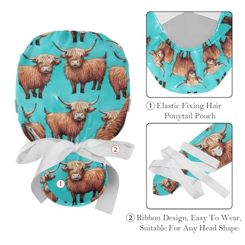 Image of 2 PCS Bouffant Cap with Button Ponytail Pouch Working Cap Sweatband Adjustable Surgical Cap Black and White Cow