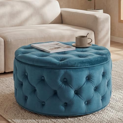 Homebeez 28 Inch Round Storage Ottoman, Velvet Button Tufted Ottoman, Removable Lid...