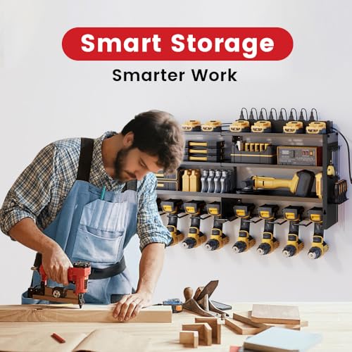 Image of 4-Tier Power Tool Organizer, Built-in 2-Outlet Charging Station for Small Garages,400lb Capacity 12mm Steel Drill Holder & Battery Storage for DIY Workshops (4 Slots with 2 Outlets Power Strip)
