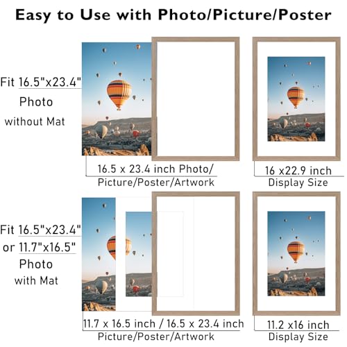 Image of JCJMY 16.5x23.4 A2 Picture Frame Rustic Brown with 11.7x16.5 A3 Mat, Display Photo 11.7x16.5 with Mat or 16.5 x 23.4 Without Mat, Wall Hanging Large Frame with Plexiglass, Rustic Brown