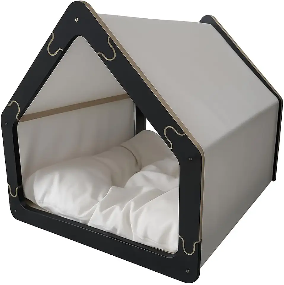 Cama Caminha para Pet Cachorro e Gato Tamanho Grande em Madeira e Tecido, Luma Pet, Design Casinha, com Almofada Macia (Preto/Cinza)