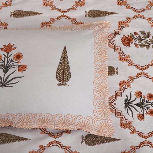 Image of Authentic Bagru Handmade 100% Cotton King Size Bedsheet, 220 TC Double Bed with 2 Pillow Covers. The bedsheet Measures 108 X 108 inches Orange
