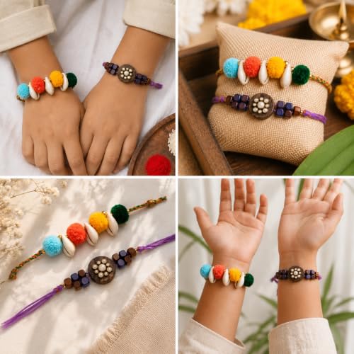 Image of Phool Dastkaar Wood & Kaudi Rakhi Set of 2 for Brother | Handcrafted Designer Combo | Traditional Wooden & Cowrie Shell | Raksha Bandhan Rakhi for Bhai