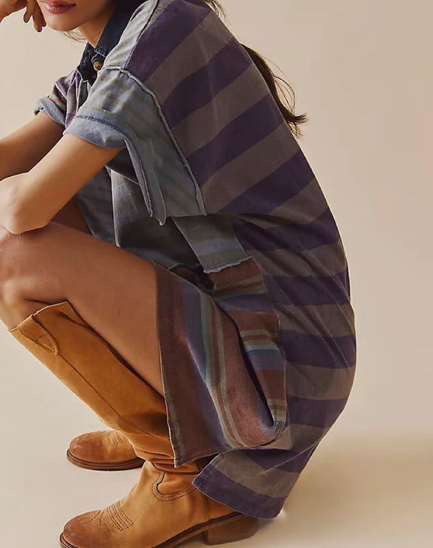 Image of NUFIWI Y2K Striped Shirt Mini Dress for Women Oversized Stripe Tunic Tshirt Dresses Short Sleeve Buttons Loose Fit Tee Dress, Small, Gray