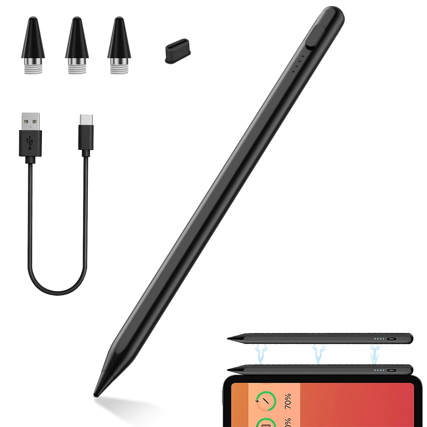 タッチペン 【全機種対応 急速充電】 2025業界新登場 スタイラスペン 超高精度 極細 stylus pencil 互換ペン 誤ON/OFF防止/電量表示/磁気吸着機能対応 軽量 耐摩 耐久 iPad/iPhone/Android/スマホ/タブレット用ペンシル USB充電式「日本語取扱説明書付き」(黒色)