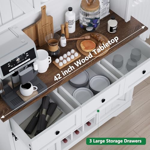 Farmhouse Coffee Bar Cabinet with Hutch - 72 Kitchen Pantry with Sliding Barn Doors, Wine Rack, and Drawer in White