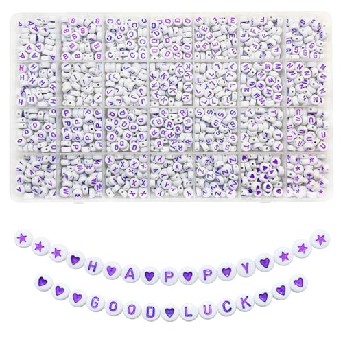 Looconi 1400pcs Purple Letter Beads 7x4mm and Heart Star Alphabet Beads for Jewelry Making